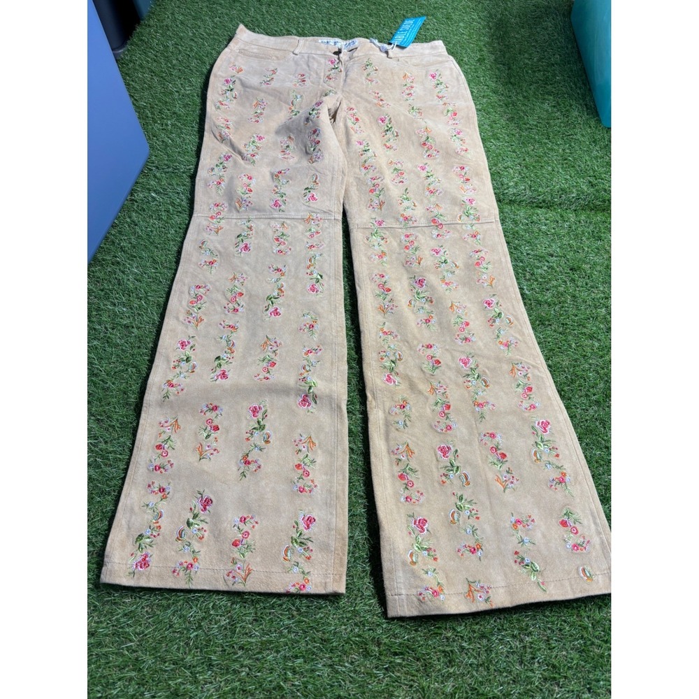 Vintage Suede Embroidered Flare Pants Womenโ Tan Floral Boho Festival Size M
